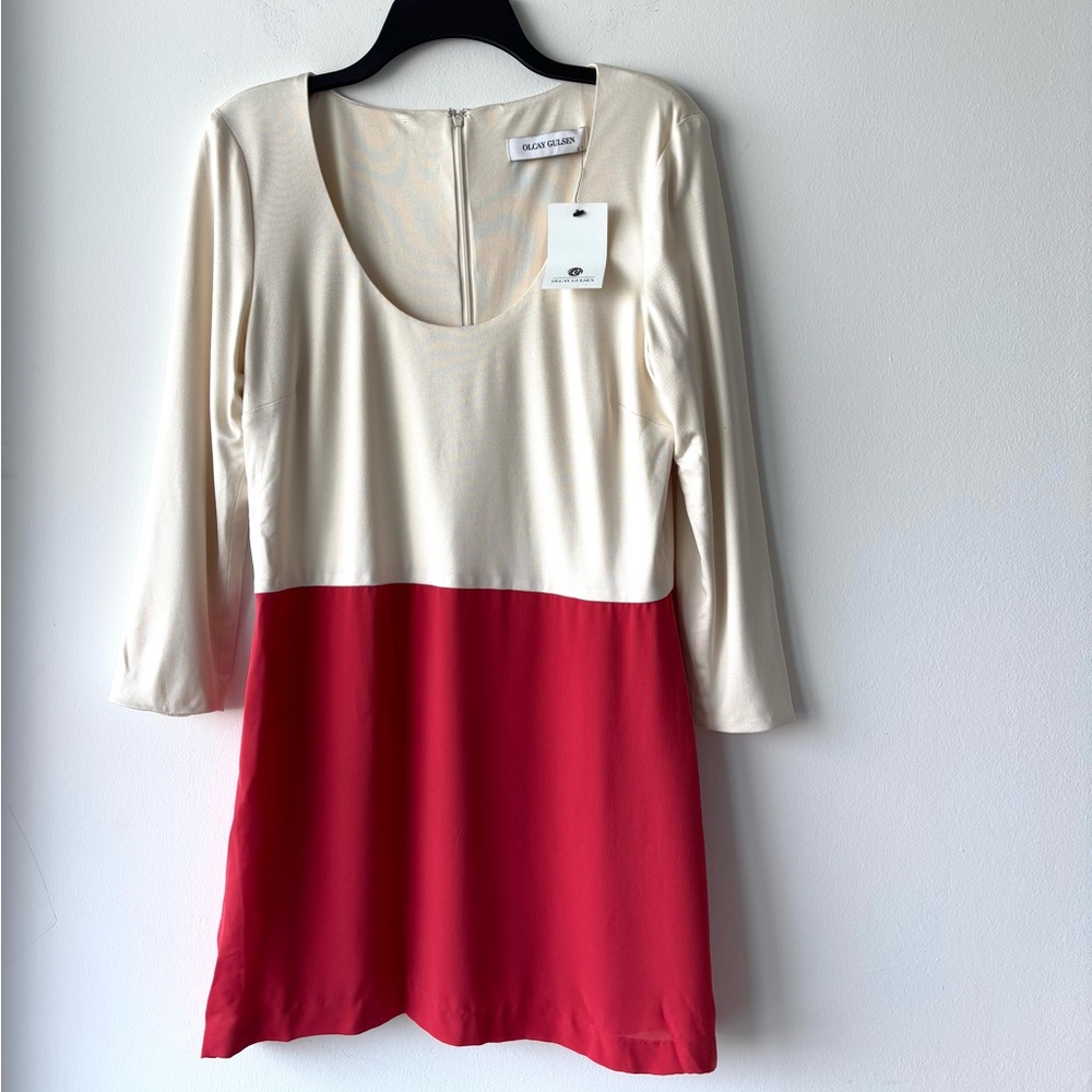 Olcay Gulsen Tunic Top Silk Ivory Red Colorblock Scoop Neck Women L NWT Boho NYC